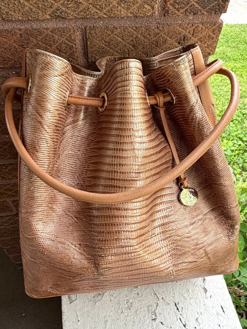 Brahmin Trina Havana Palm Drawstring Bucket HoneyTan Shoulder Bag Hobo Tote Rare